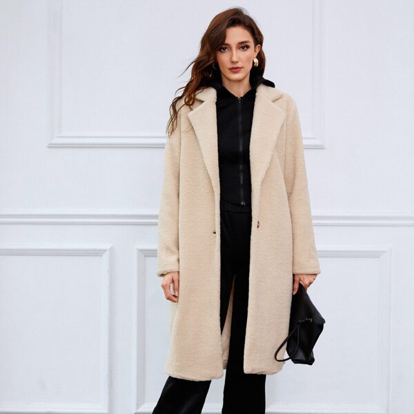 

Notched Collar Single Breasted Teddy Coat, Beige