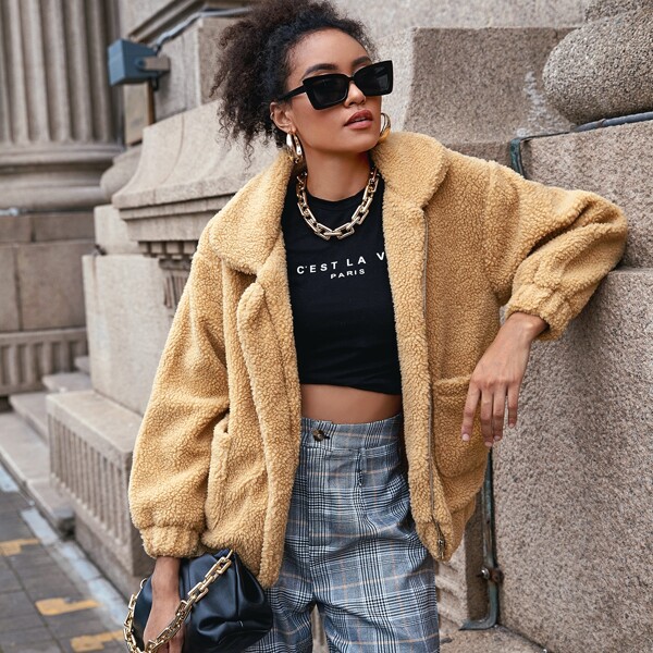 

Dual Pockets Drop Shoulder Teddy Coat, Camel