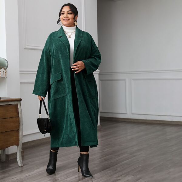 

Plus Lapel Neck Flap Pocket Cord Coat, Dark green