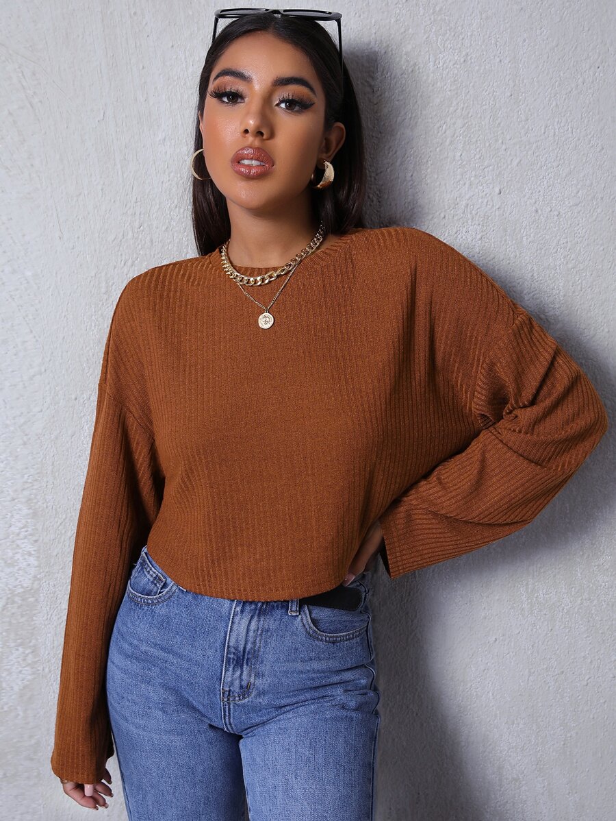 SHEIN Essnce Drop Shoulder Solid Tee - Rust Brown - View 1