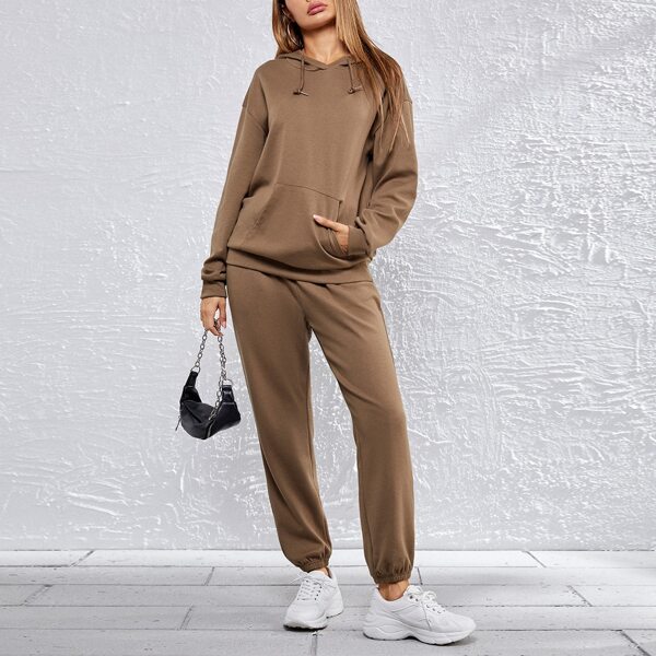 

Drop Shoulder Pocket Front Hoodie and Joggers Set, Mocha brown