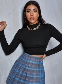 SHEIN Mock-neck Fitted Crop Tee - Black - View 1