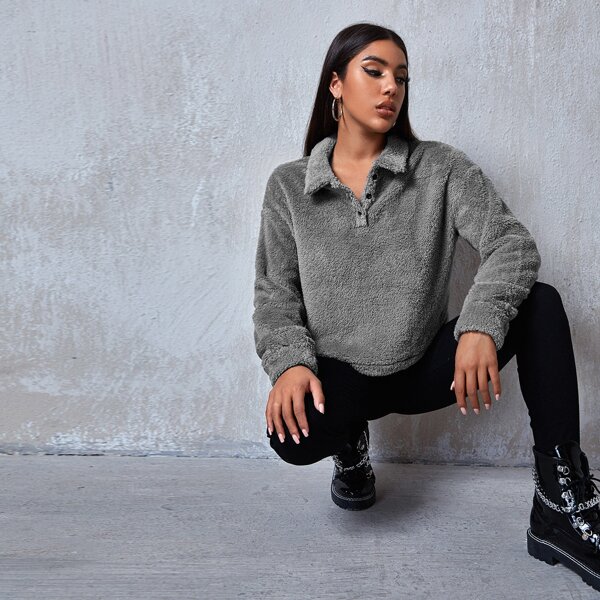 

Drop Shoulder Press Button Half Placket Teddy Sweatshirt, Dark grey