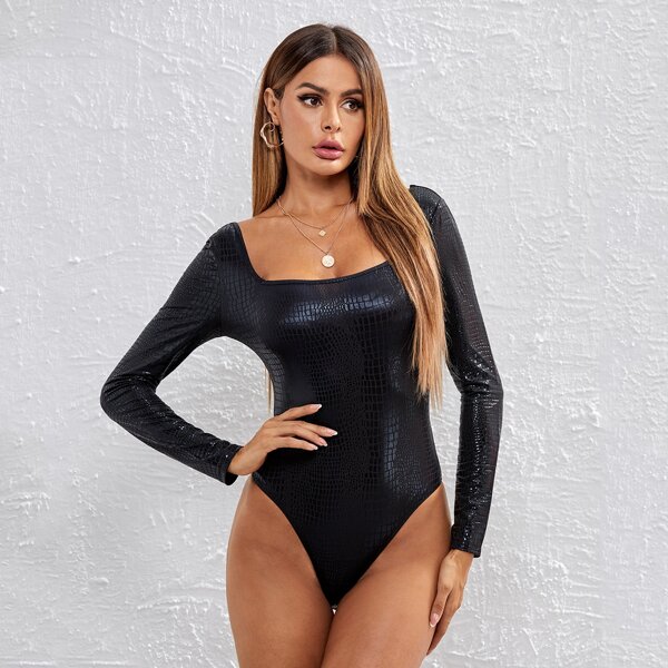

Square Neck Crocodile Pattern Bodysuit, Black