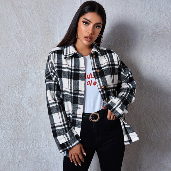 

Drop Shoulder Button Up Plaid Coat, Black and white