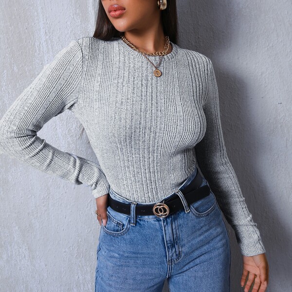 

Solid Rib-knit Tee, Light grey