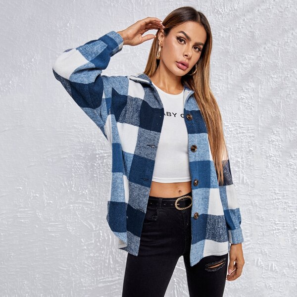 

Drop Shoulder Curved Hem Gingham Coat, Multicolor