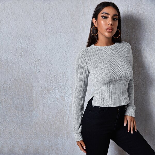 

Split Hem Rib-knit Tee, Light grey