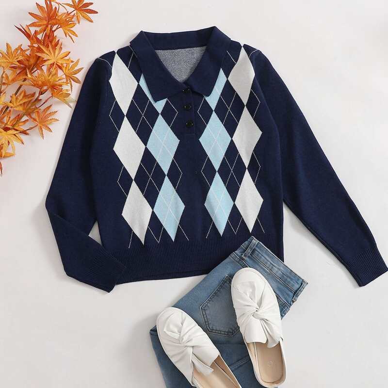 

Button Half Placket Argyle Sweater, Navy blue