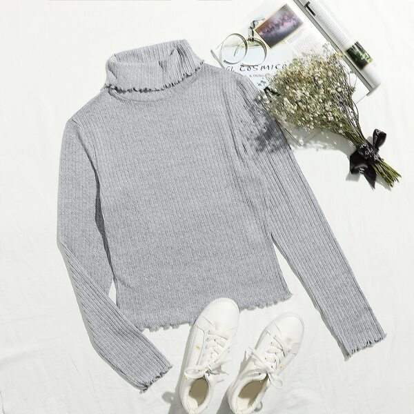 

Turtle Neck Lettuce Trim Rib-knit Tee, Light grey