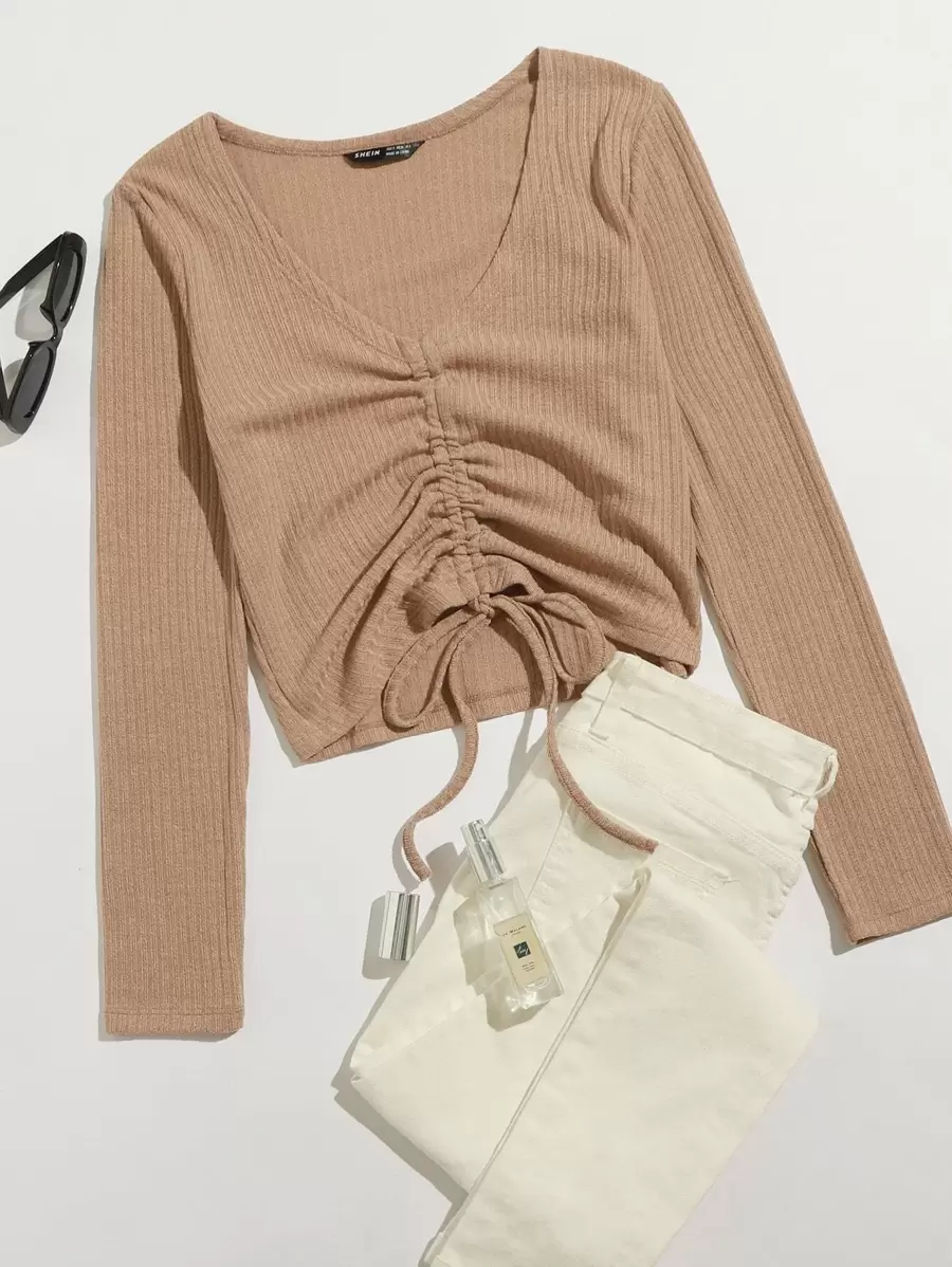 SHEIN Qutie Camiseta tejida de canalé con cordón delantero - Camel - Ver 1