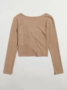 SHEIN Qutie Camiseta tejida de canalé con cordón delantero - Camel - Ver 2