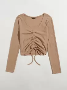 SHEIN Qutie Camiseta tejida de canalé con cordón delantero - Camel - Ver 3