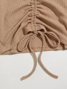 SHEIN Qutie Camiseta tejida de canalé con cordón delantero - Camel - Ver 4