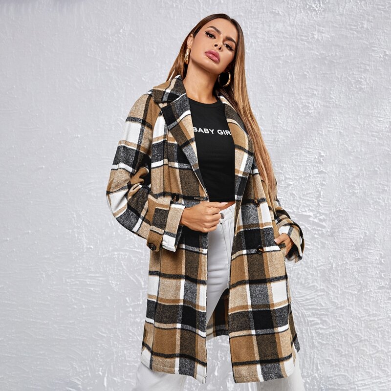 

Notch Collar Buttoned Strap Raglan Sleeve Plaid Overcoat, Multicolor