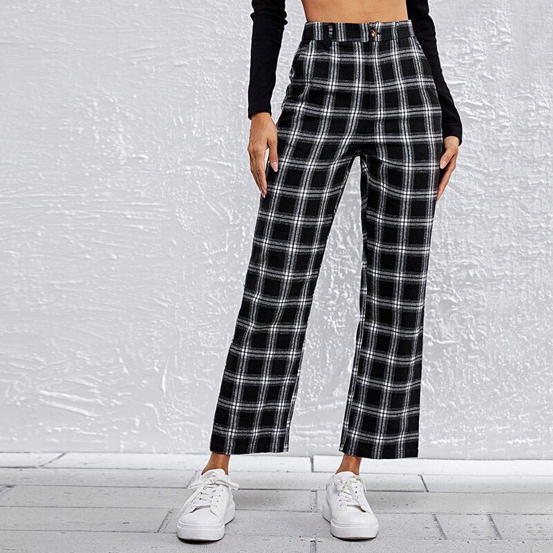 

Straight Leg Plaid Pants, Black and white