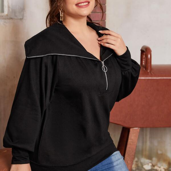 

Plus Lantern Sleeve O-ring Zip Half Placket Sweatshirt, Black