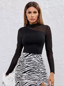 SHEIN Privé Mock-Neck Mesh Panel Fitted Black Tee - Black - View 1