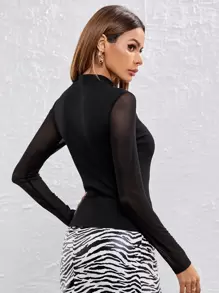 SHEIN Privé Mock-Neck Mesh Panel Fitted Black Tee - Black - View 2