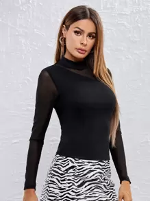 SHEIN Privé Mock-Neck Mesh Panel Fitted Black Tee - Black - View 4
