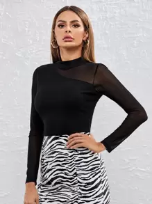 SHEIN Privé Mock-Neck Mesh Panel Fitted Black Tee - Black - View 5