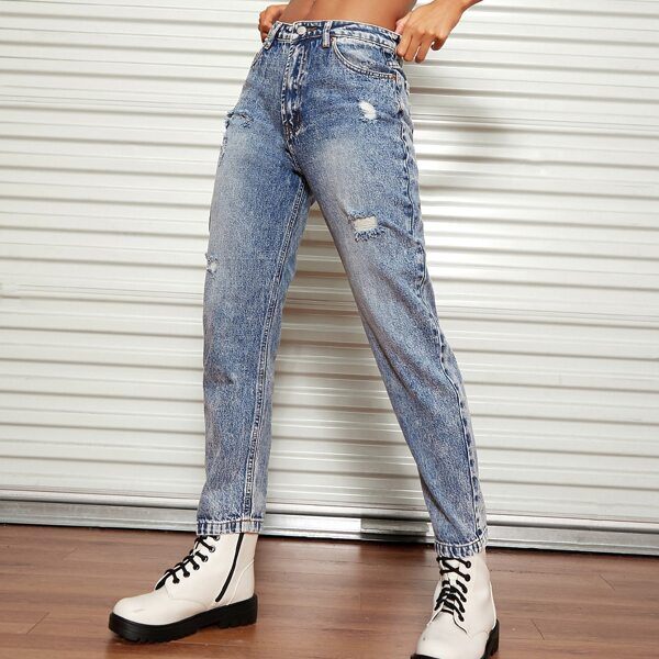 

Distressed High Waisted Mom Jeans, Medium wash