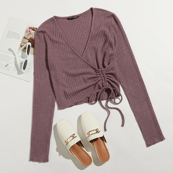 

Drawstring Front Lettuce Edge Waffle Knit Tee, Redwood