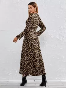 SHEIN VCAY Leopard Print Self Belted Wrap Dress - Multicolor - View 2