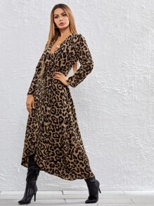 SHEIN VCAY Leopard Print Self Belted Wrap Dress - Multicolor - View 5