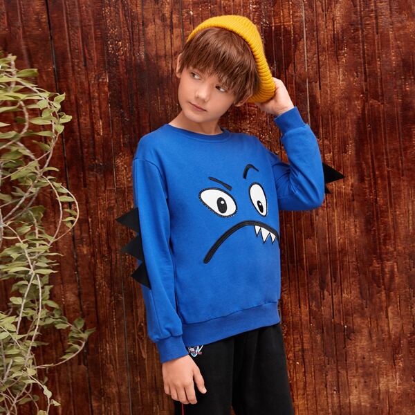 

Boys Cartoon Embroidered Drop Shoulder Pullover, Royal blue
