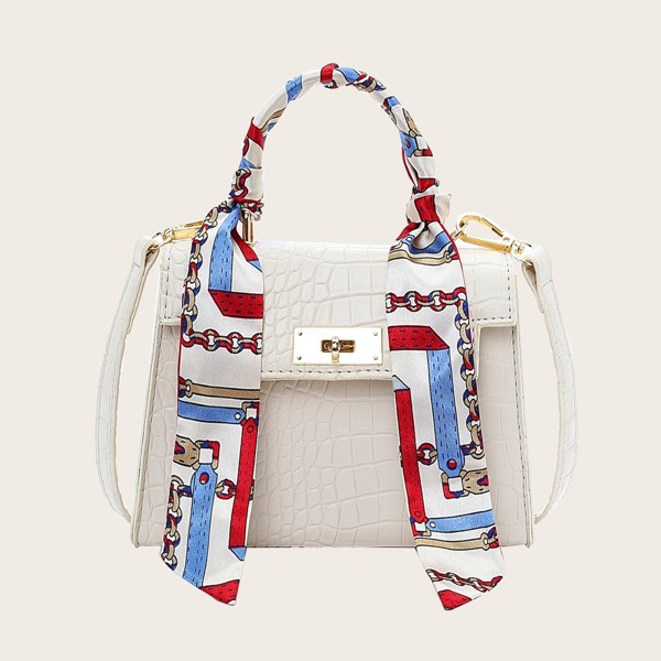 

Crocodile Satchel Bag With Twilly Scarf, Beige