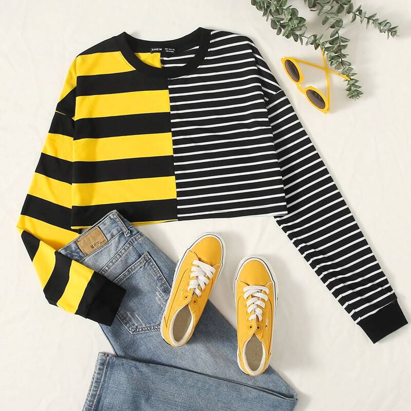 

Striped Spliced Drop Shoulder Crop Tee, Multicolor