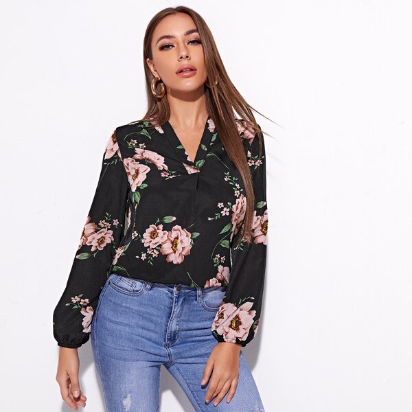 

V-neck Lantern Sleeve Floral Top, Black