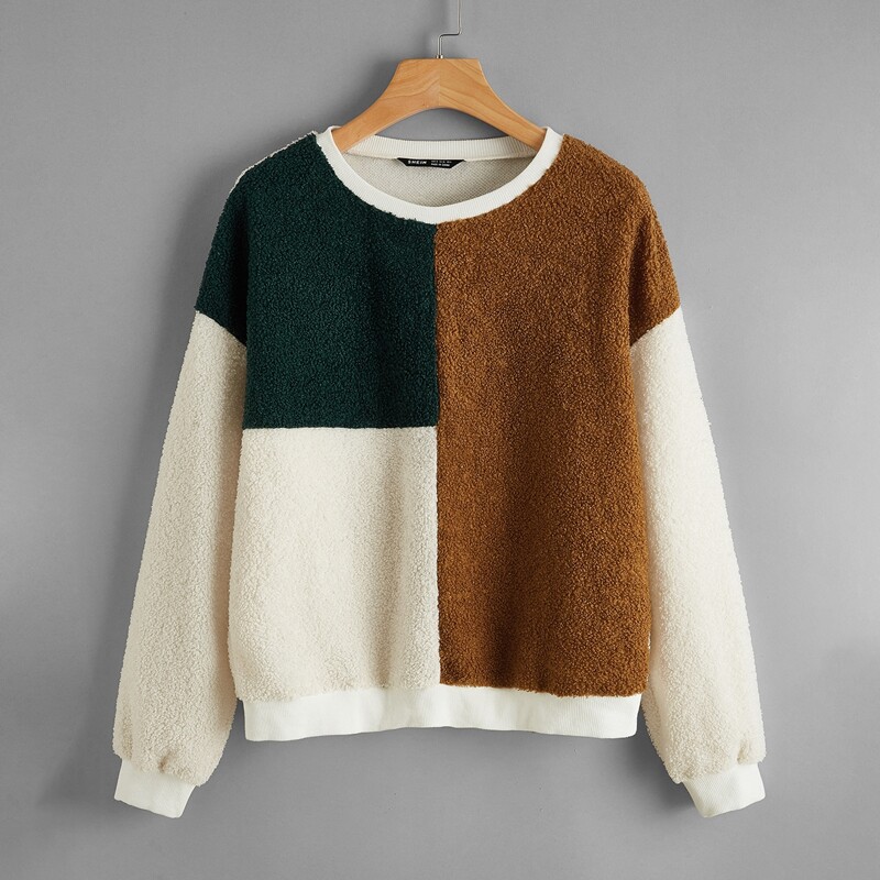

Drop Shoulder Colorblock Teddy Pullover, Multicolor
