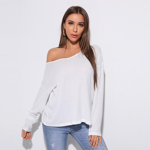 

Drop Shoulder Waffle Knit Top, White