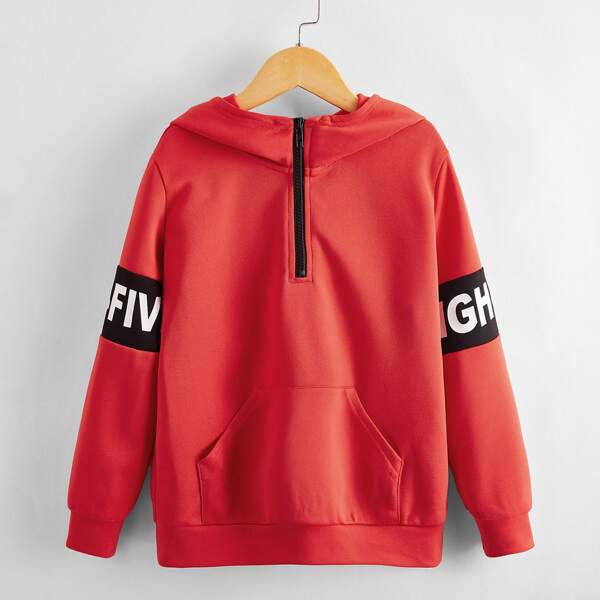 

Boys Letter Graphic Colorblock Sleeve Zip Half Placket Hoodie, Red bright