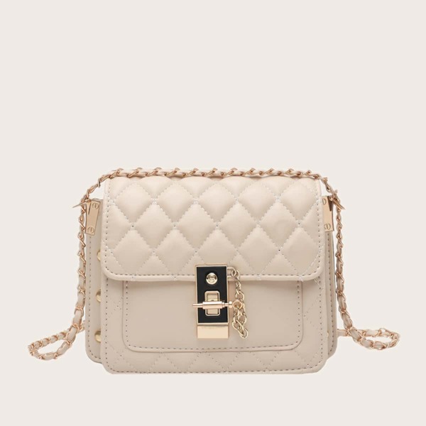 

Quilted Chain Crossbody Bag, Beige