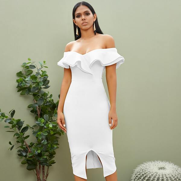 

Zip Back Ruffle Trim Slit Hem Pencil Dress, White