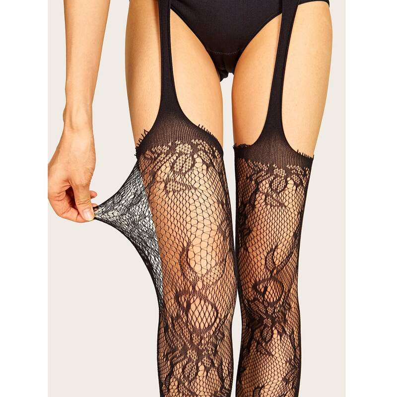 

Floral Lace Pantyhose Stockings, Black