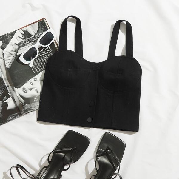 

Single Breasted Bustier Denim Cami Top, Black