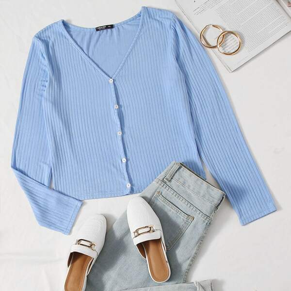

Plus Rib-Knit Button Front Top, Baby blue