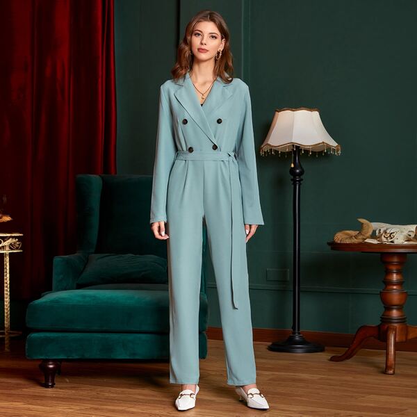 

Double Button Belted Shirt Jumpsuit, Cadet blue
