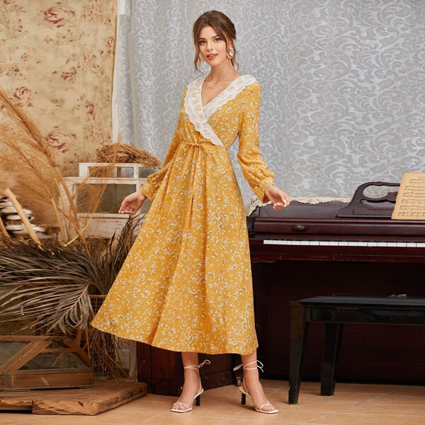 

Ditsy Floral Surplice Neck Contrast Lace Belted Dress, Mustard yellow