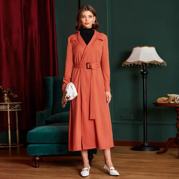 

Lapel Collar Flap Detail Belted Trench Coat, Orange