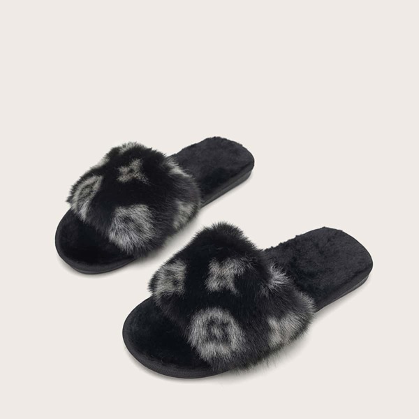 

Open Toe Fluffy Slippers, Black and white