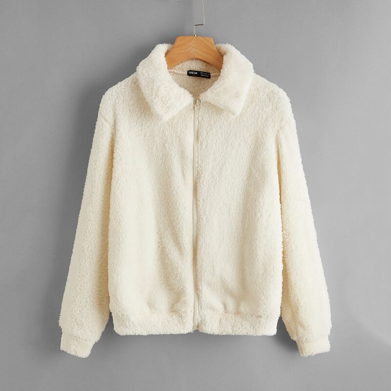 

Zip Up Solid Teddy Jacket, Beige