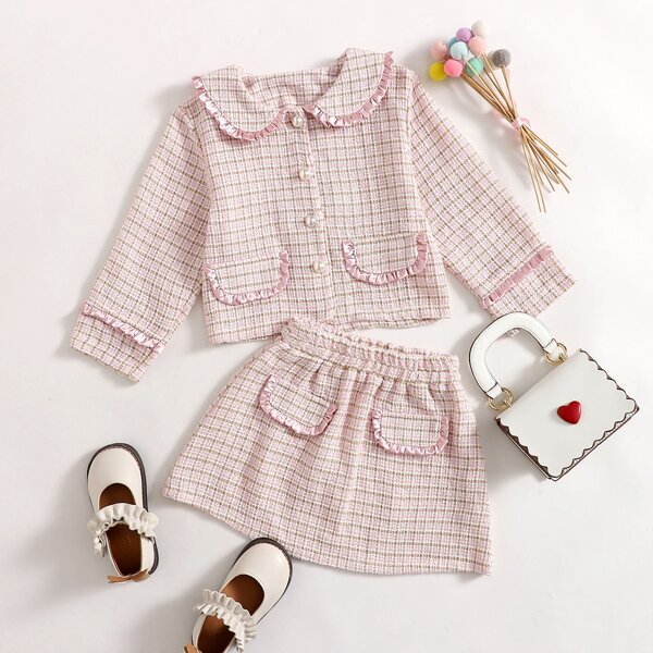 

Toddler Girls Tweed Peter Pan Collar Frill Trim Jacket & Skirt, Baby pink