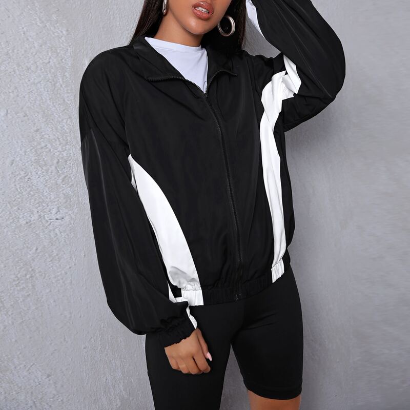 

Contrast Panel Drop Shoulder Zipper Up Wind Jacket, Black