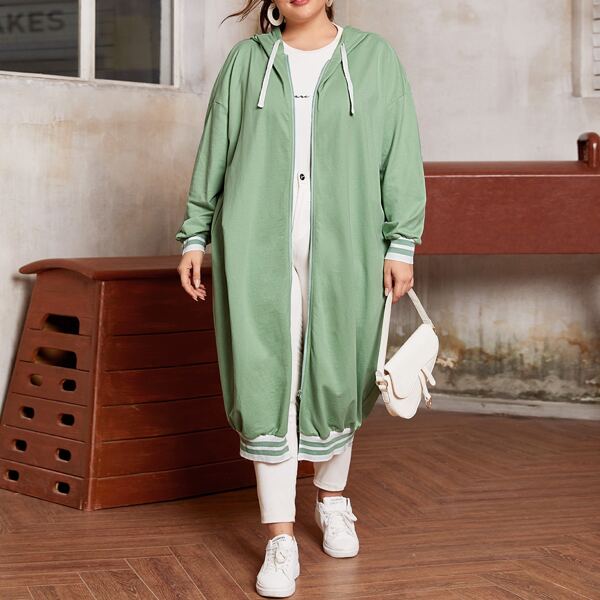 

Plus Zip Up Striped Trim Longline Drawstring Hoodie, Green