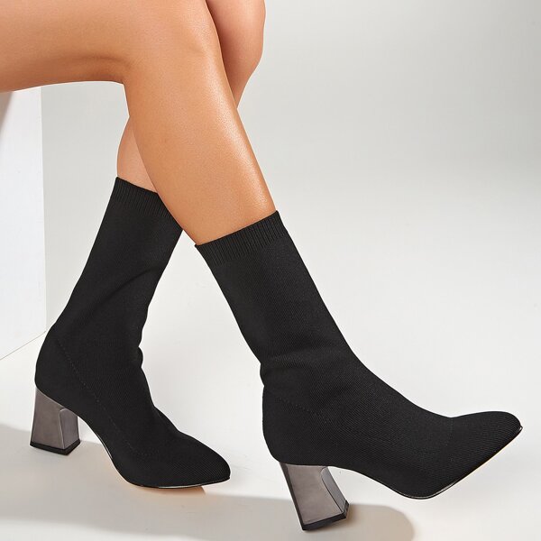 

Point Toe Chunky Heeled Sock Boots, Black